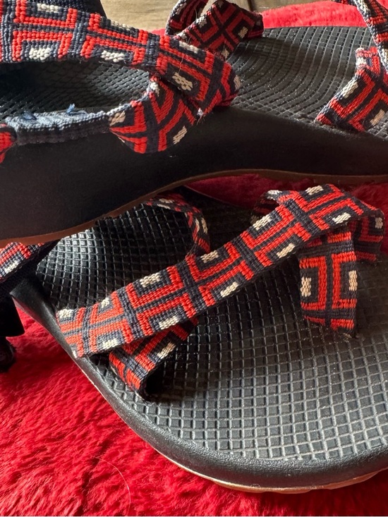 Chaco Shoes - Chaco Women's Blue Sandals with Red and White Geometric Straps